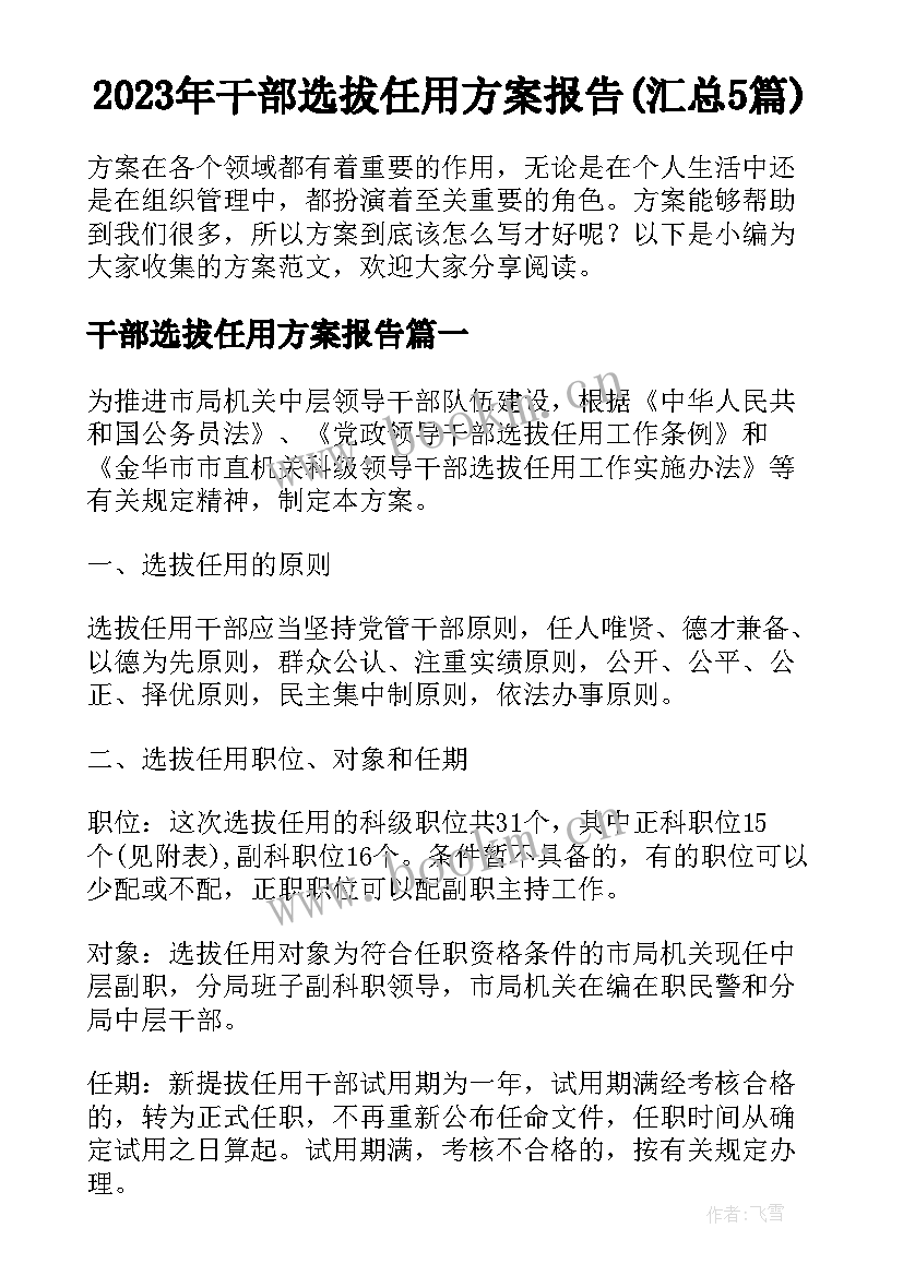 2023年干部选拔任用方案报告(汇总5篇)