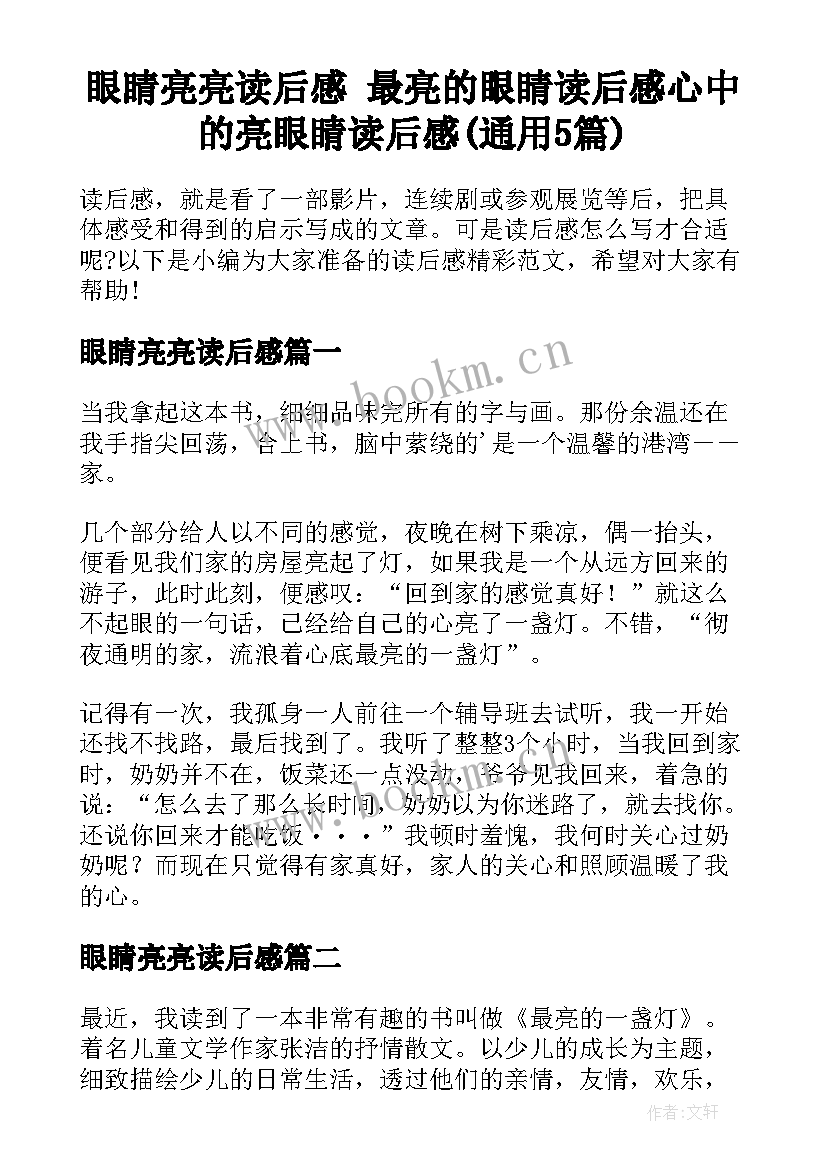 眼睛亮亮读后感 最亮的眼睛读后感心中的亮眼睛读后感(通用5篇)