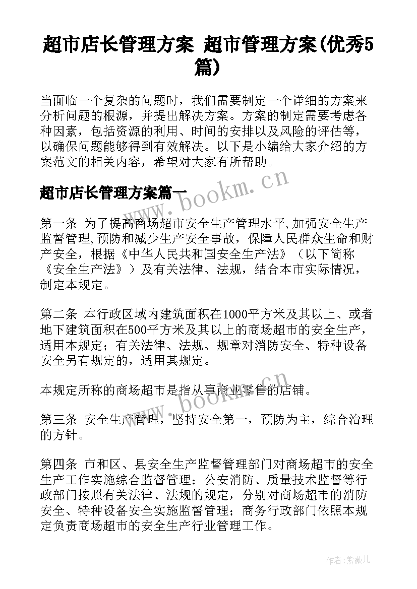 超市店长管理方案 超市管理方案(优秀5篇)