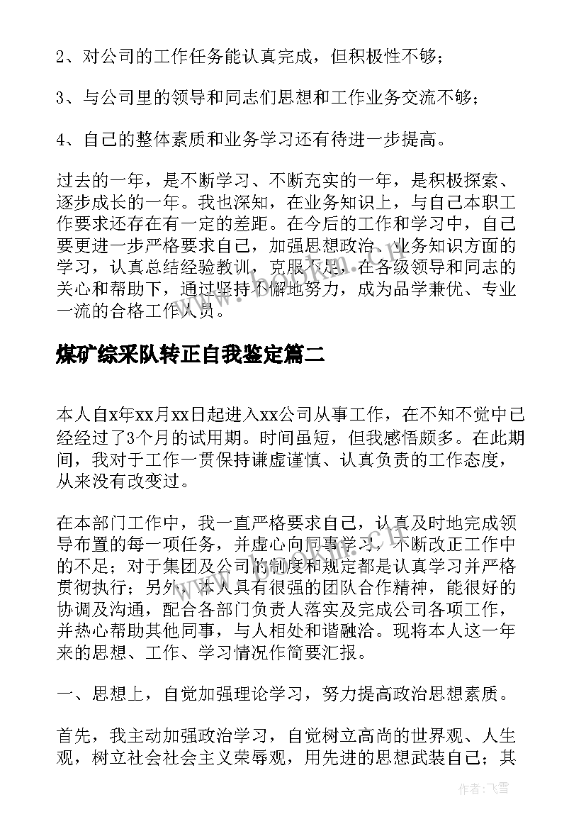 煤矿综采队转正自我鉴定(精选5篇)