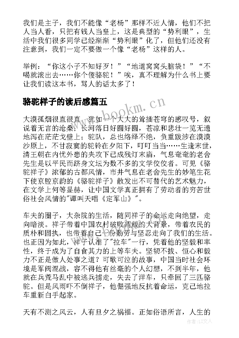 2023年骆驼样子的读后感 骆驼祥子读后感四百字(通用5篇)