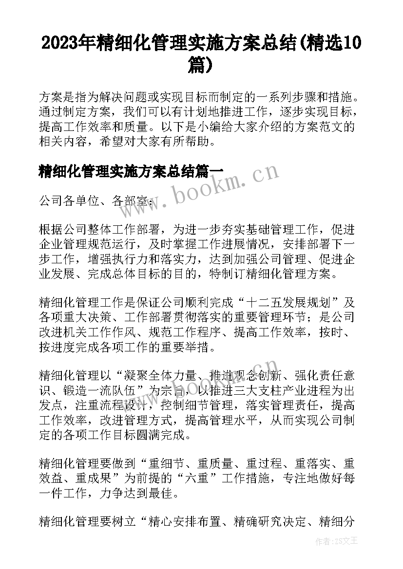 2023年精细化管理实施方案总结(精选10篇)