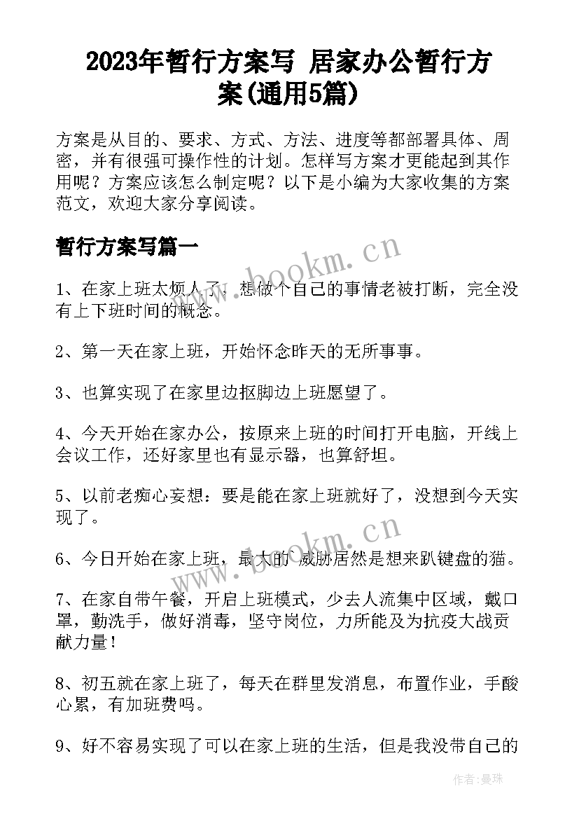 2023年暂行方案写 居家办公暂行方案(通用5篇)