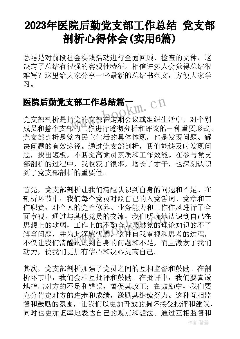 2023年医院后勤党支部工作总结 党支部剖析心得体会(实用6篇)