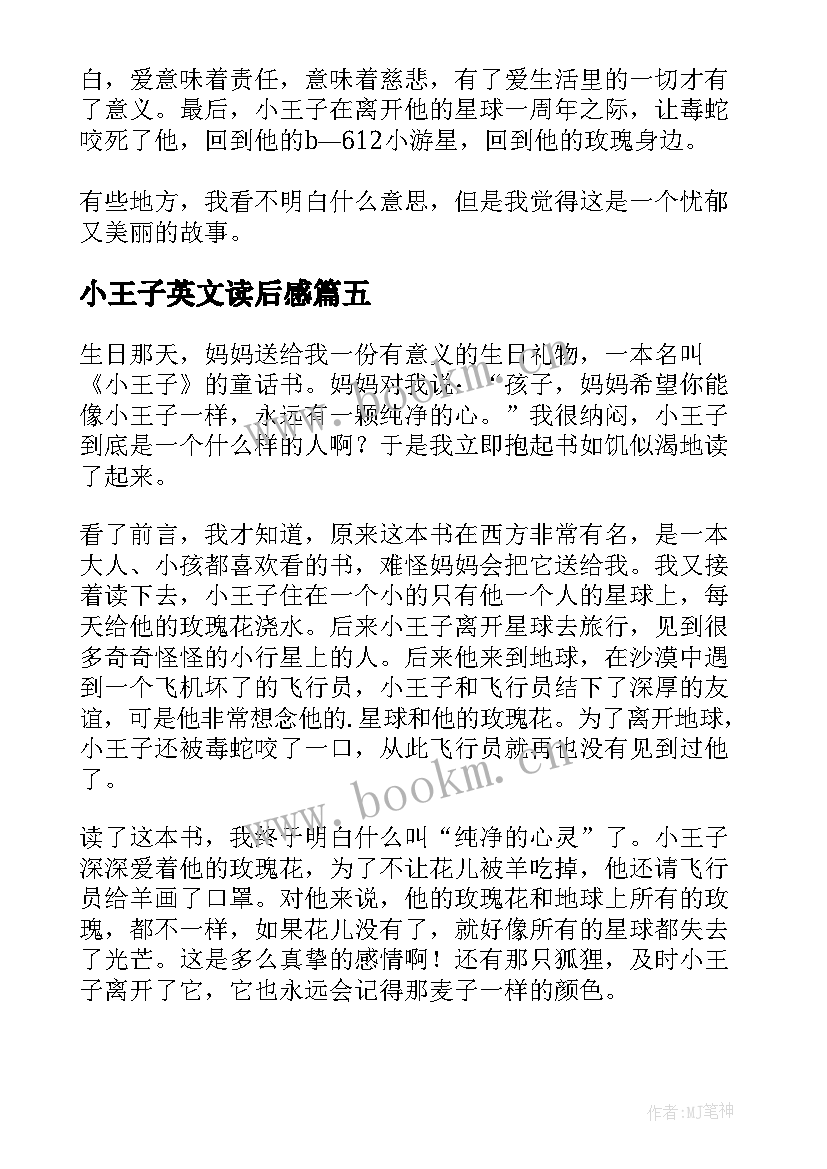 2023年小王子英文读后感 小王子小说读后感(优秀5篇)