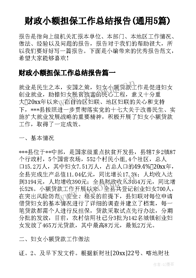 财政小额担保工作总结报告(通用5篇)