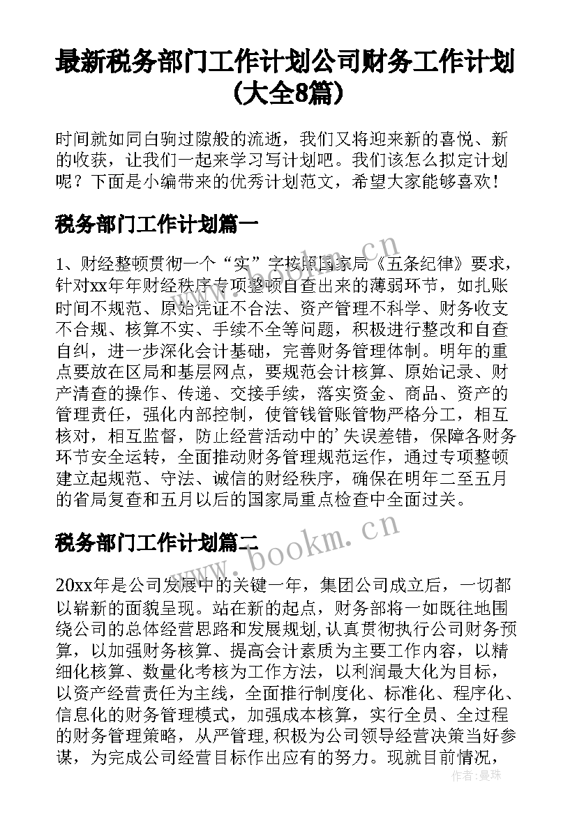 最新税务部门工作计划 公司财务工作计划(大全8篇)