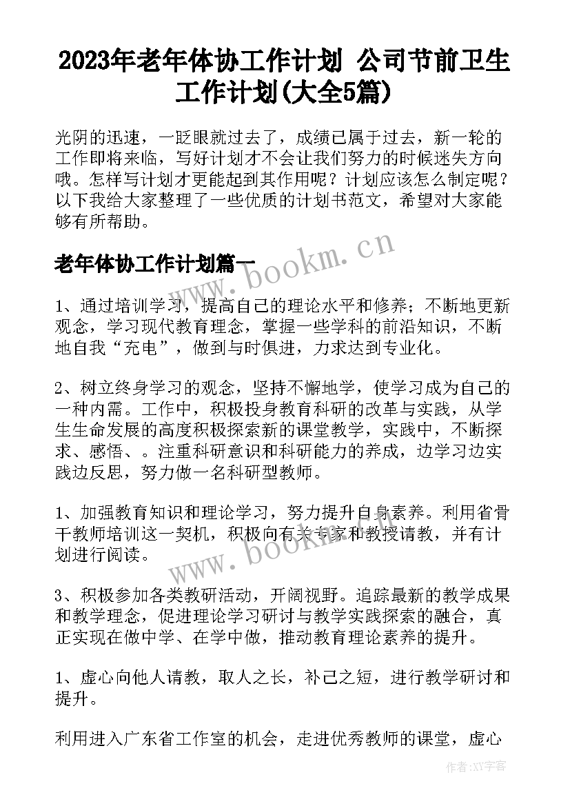 2023年老年体协工作计划 公司节前卫生工作计划(大全5篇)