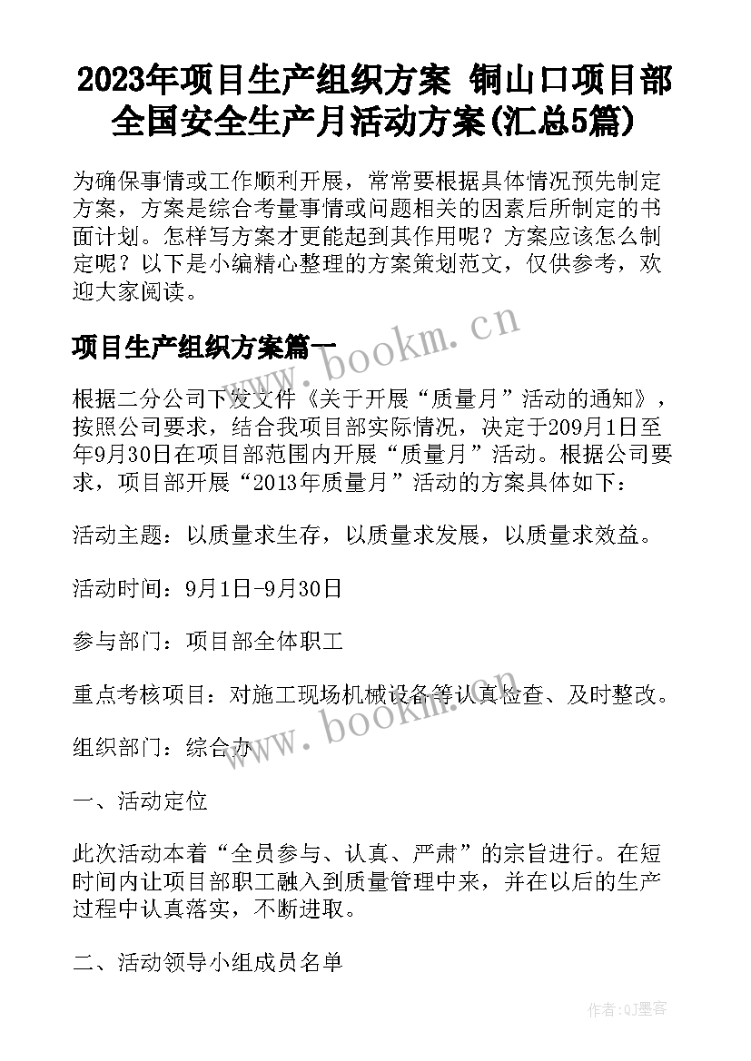 2023年项目生产组织方案 铜山口项目部全国安全生产月活动方案(汇总5篇)