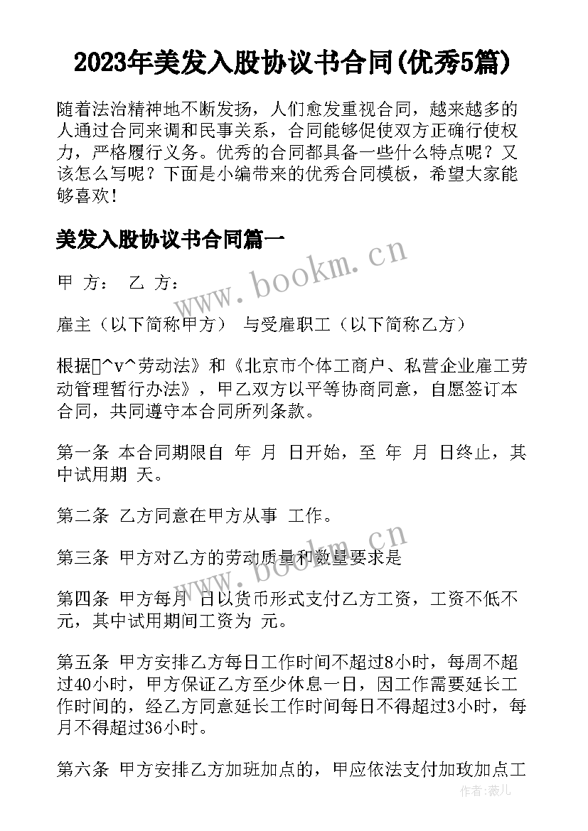 2023年美发入股协议书合同(优秀5篇)