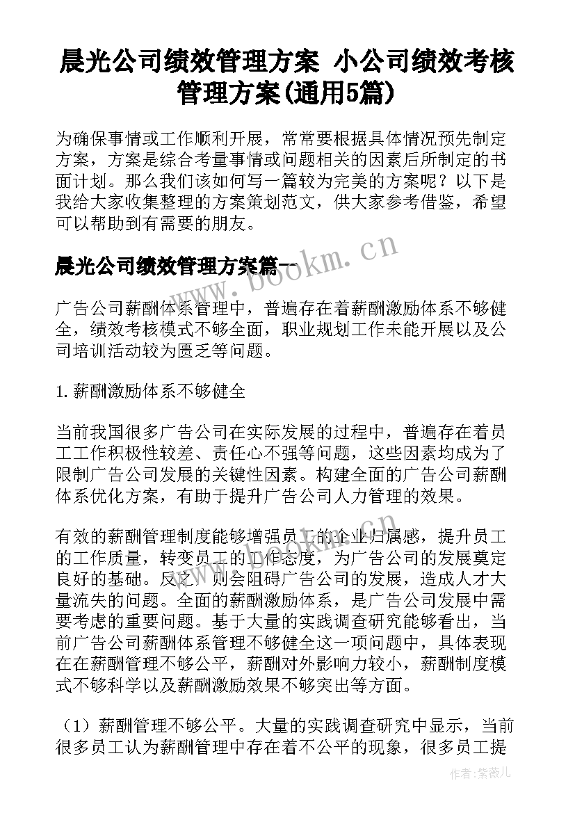 晨光公司绩效管理方案 小公司绩效考核管理方案(通用5篇)