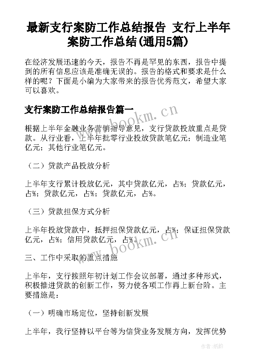 最新支行案防工作总结报告 支行上半年案防工作总结(通用5篇)