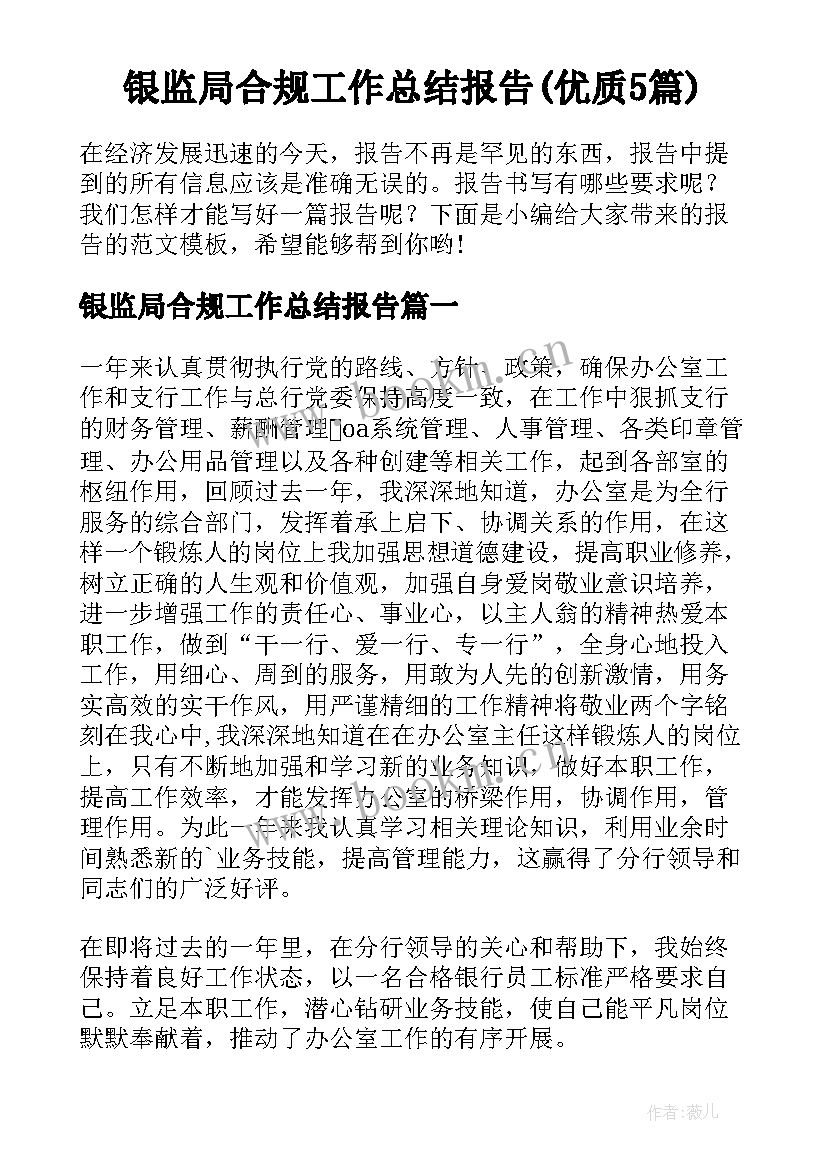 银监局合规工作总结报告(优质5篇)