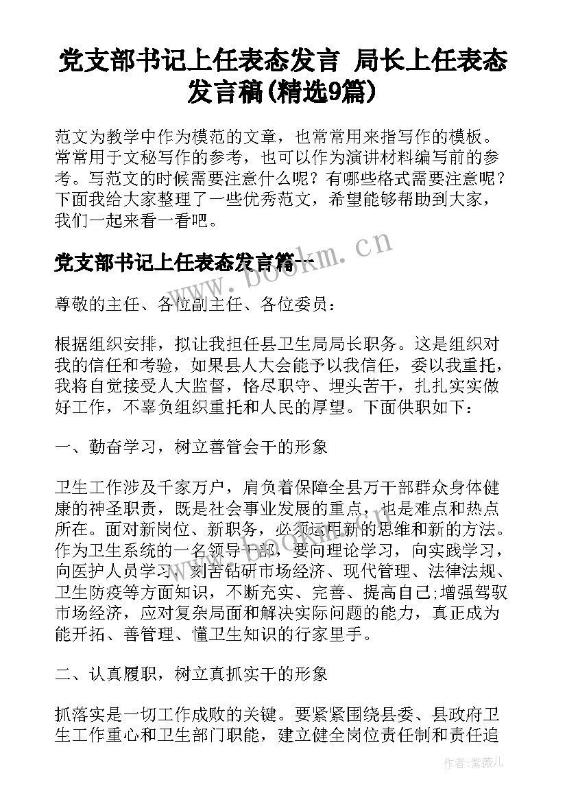 党支部书记上任表态发言 局长上任表态发言稿(精选9篇)