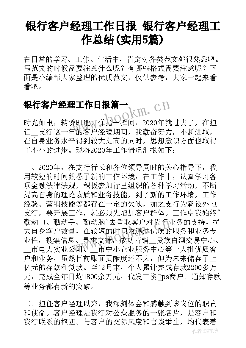 银行客户经理工作日报 银行客户经理工作总结(实用5篇)