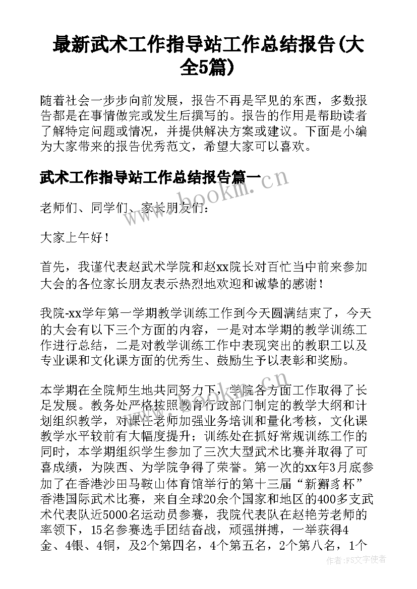 最新武术工作指导站工作总结报告(大全5篇)