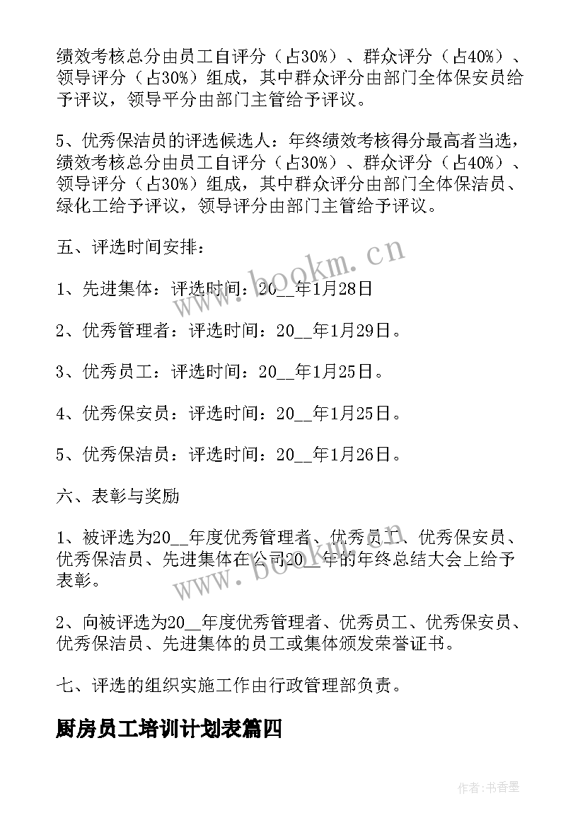 最新厨房员工培训计划表 酒店新员工培训计划表(模板5篇)