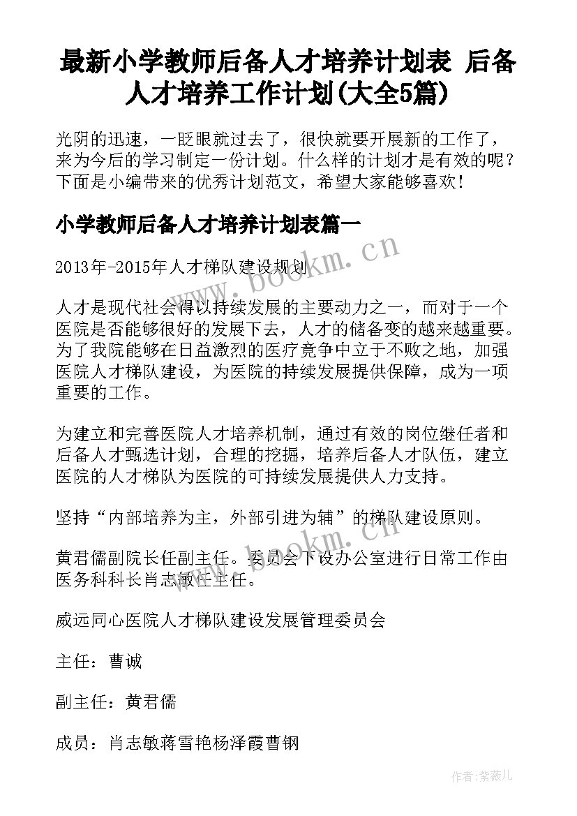 最新小学教师后备人才培养计划表 后备人才培养工作计划(大全5篇)