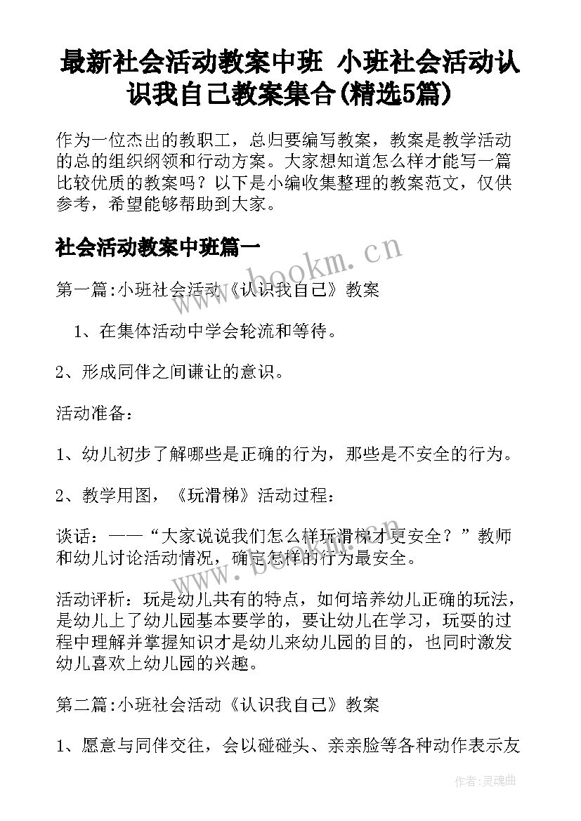 最新社会活动教案中班 小班社会活动认识我自己教案集合(精选5篇)