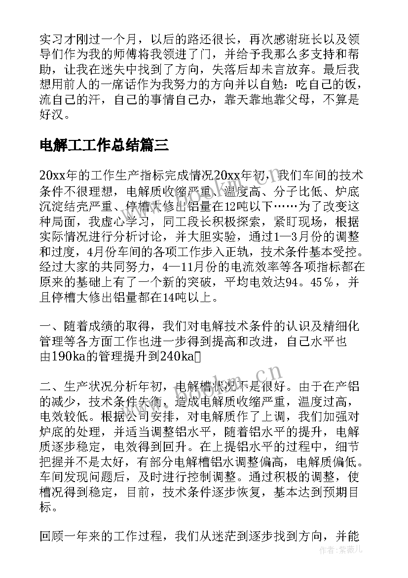 电解工工作总结(汇总5篇)