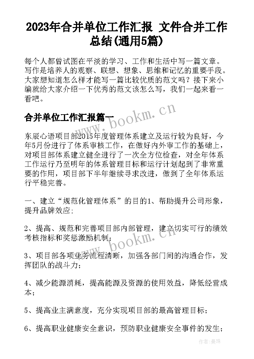 2023年合并单位工作汇报 文件合并工作总结(通用5篇)