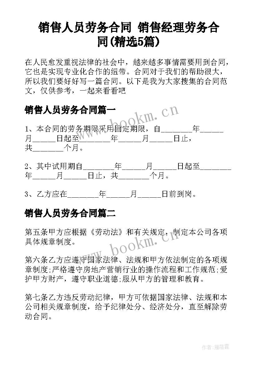 销售人员劳务合同 销售经理劳务合同(精选5篇)