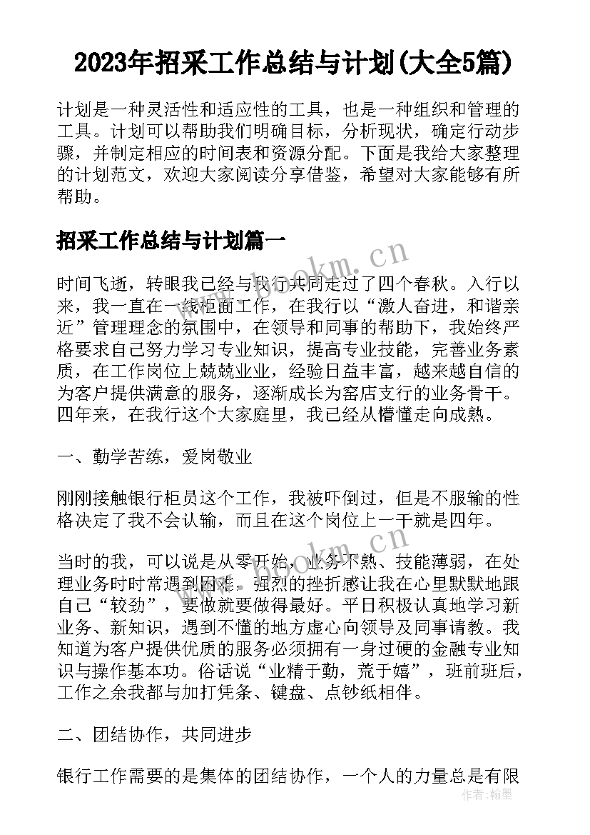 2023年招采工作总结与计划(大全5篇)