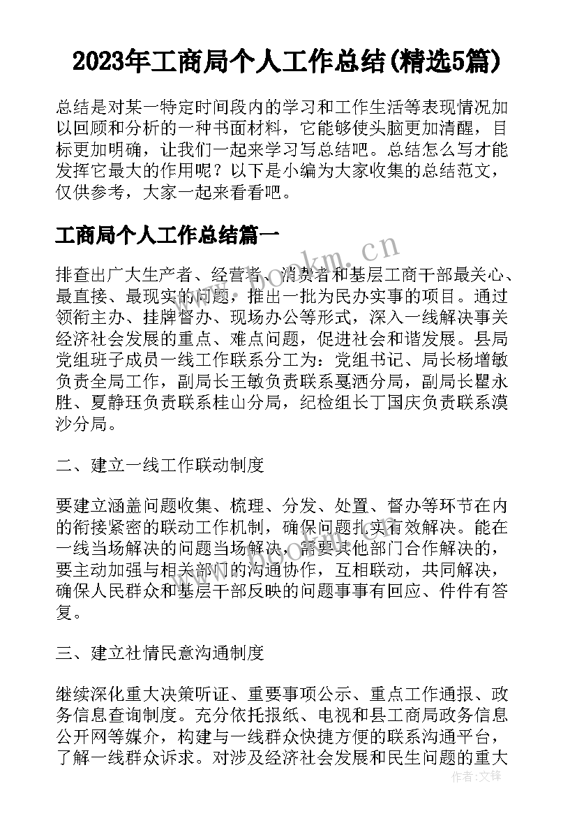 2023年工商局个人工作总结(精选5篇)