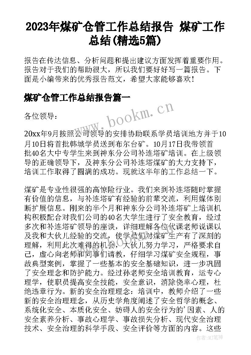 2023年煤矿仓管工作总结报告 煤矿工作总结(精选5篇)