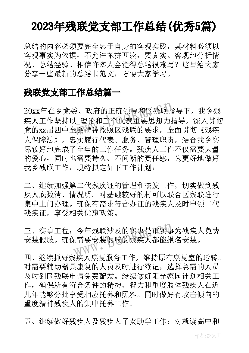 2023年残联党支部工作总结(优秀5篇)