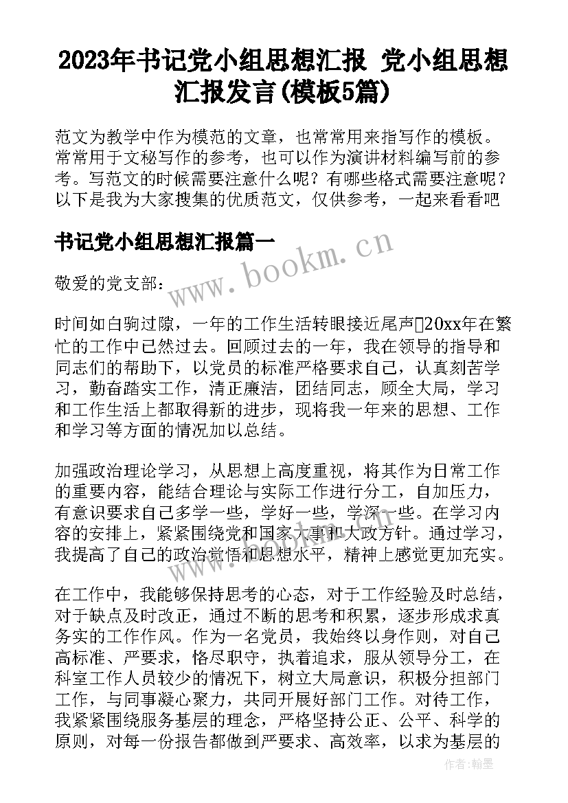 2023年书记党小组思想汇报 党小组思想汇报发言(模板5篇)