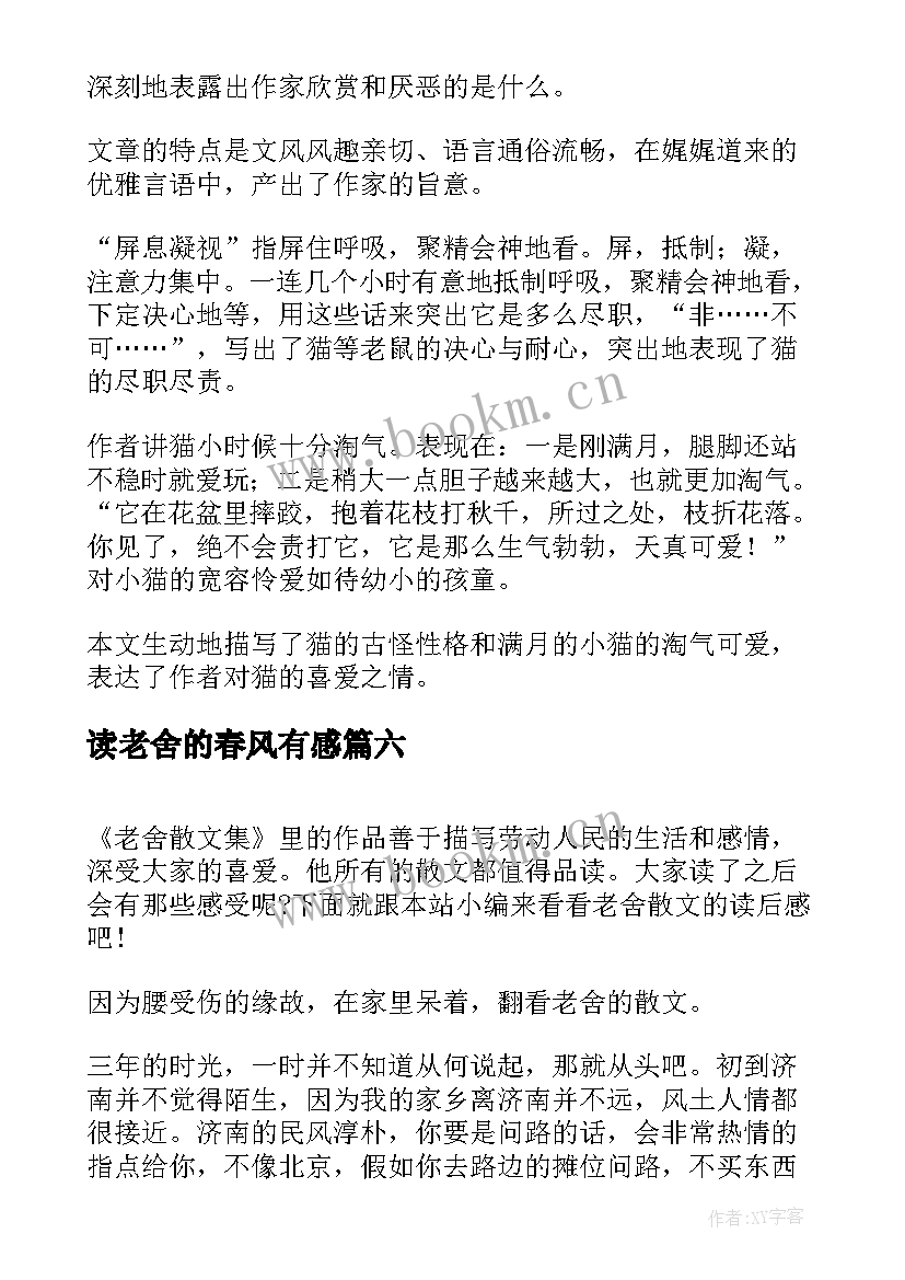 最新读老舍的春风有感 老舍猫读后感(精选9篇)