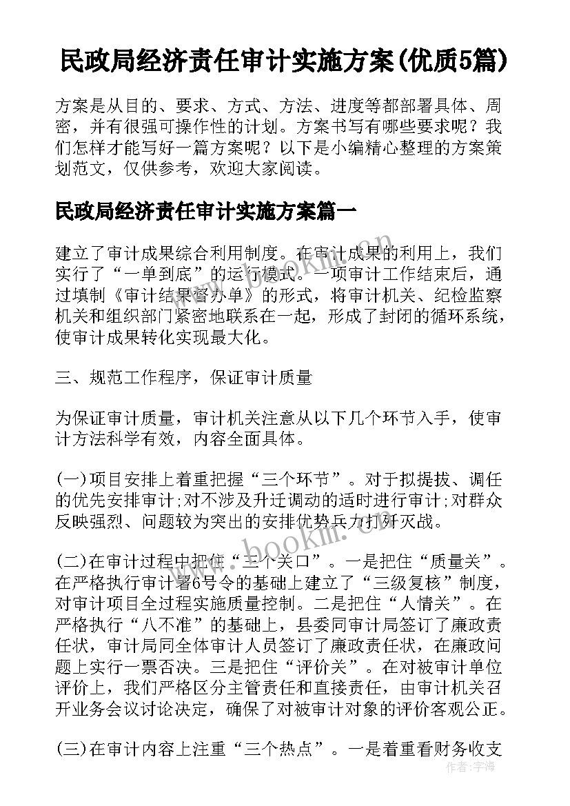 民政局经济责任审计实施方案(优质5篇)