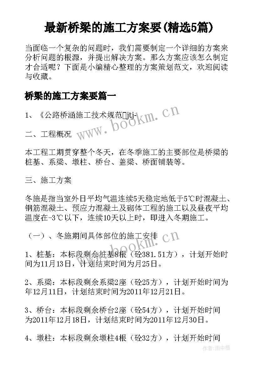 最新桥梁的施工方案要(精选5篇)