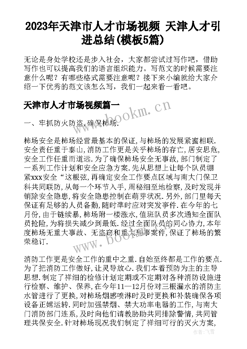 2023年天津市人才市场视频 天津人才引进总结(模板5篇)