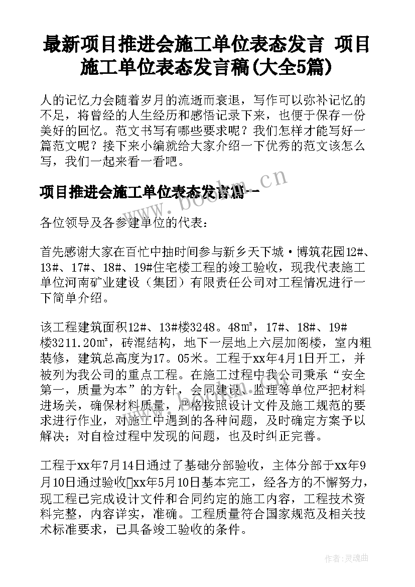 最新项目推进会施工单位表态发言 项目施工单位表态发言稿(大全5篇)