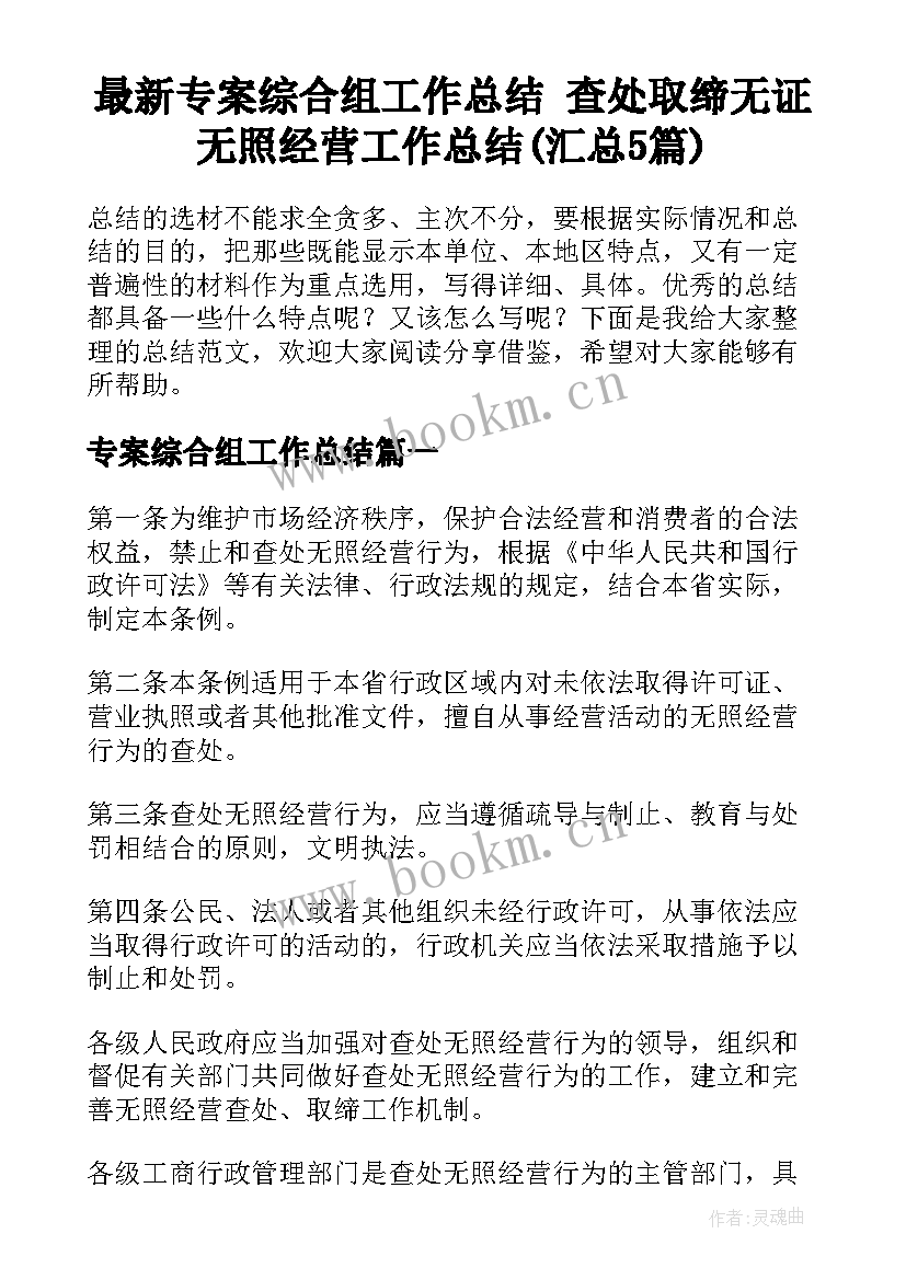 最新专案综合组工作总结 查处取缔无证无照经营工作总结(汇总5篇)