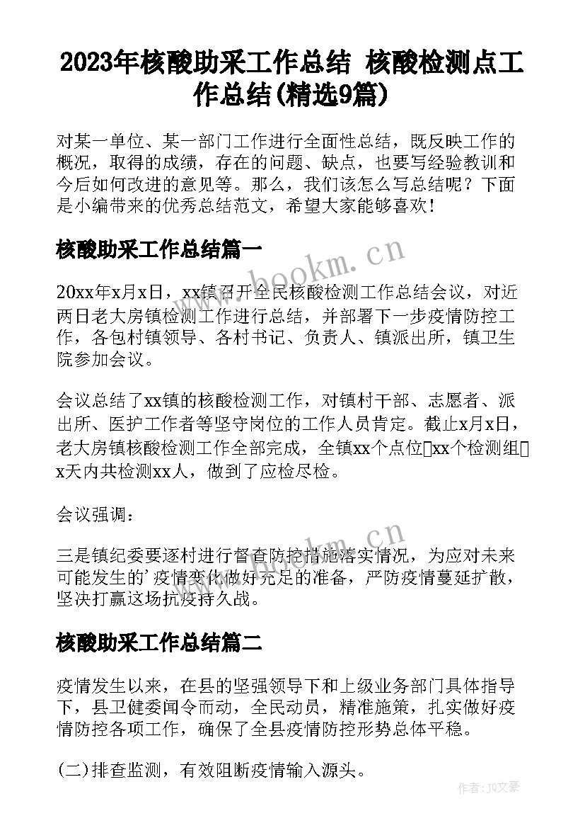 2023年核酸助采工作总结 核酸检测点工作总结(精选9篇)