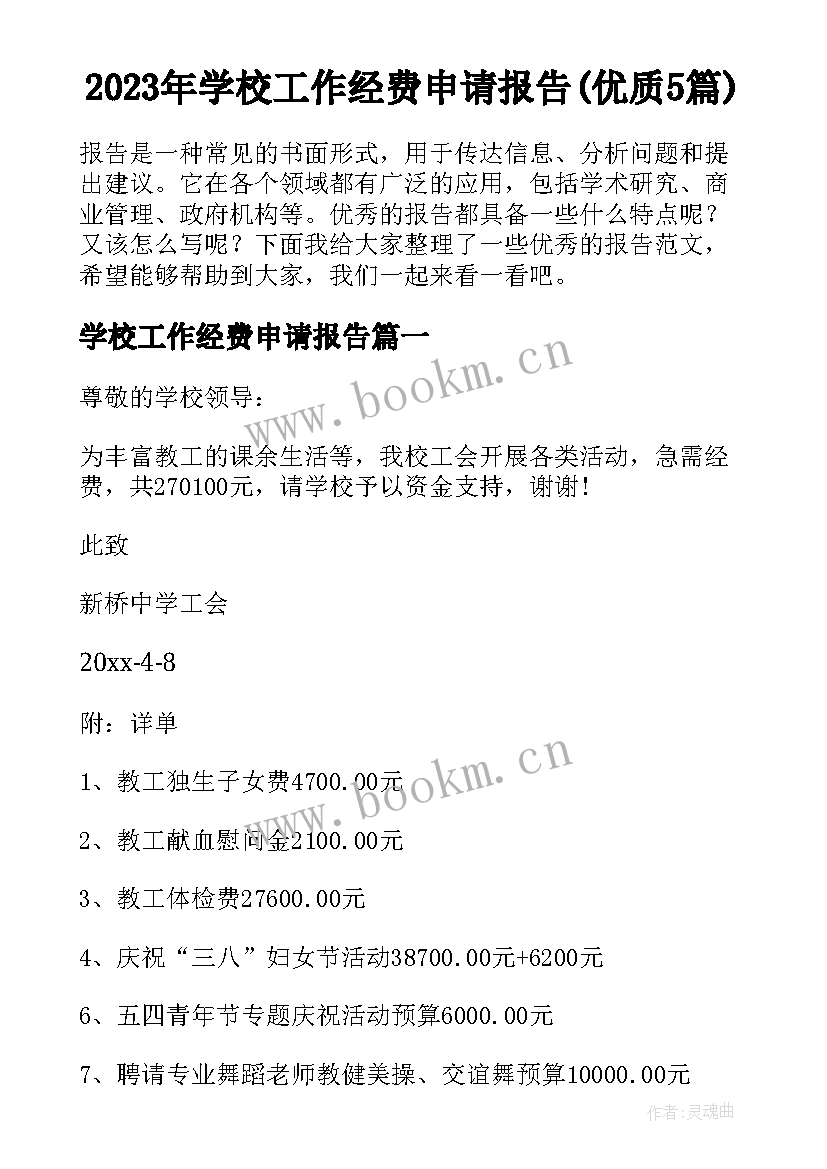 2023年学校工作经费申请报告(优质5篇)