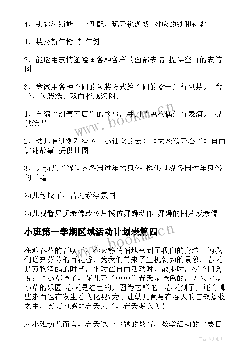 2023年小班第一学期区域活动计划表(优秀5篇)