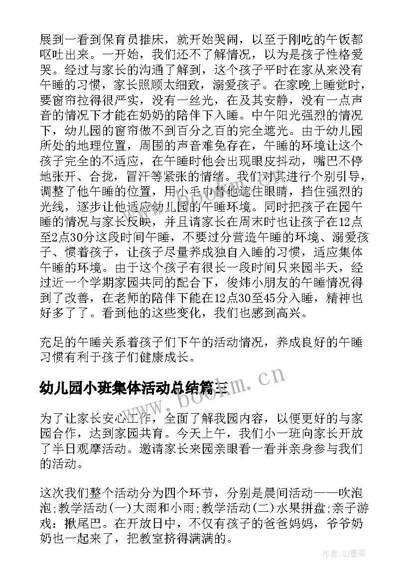 幼儿园小班集体活动总结(模板8篇)