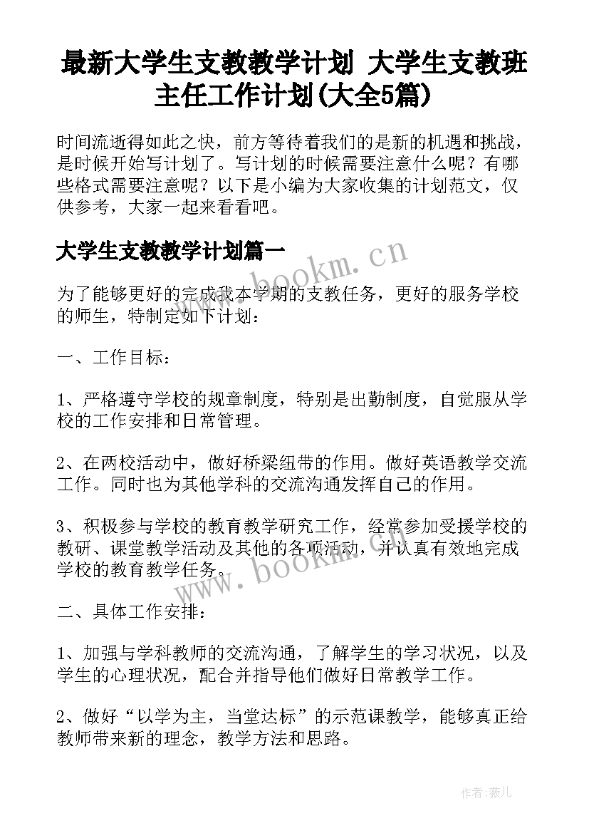 最新大学生支教教学计划 大学生支教班主任工作计划(大全5篇)