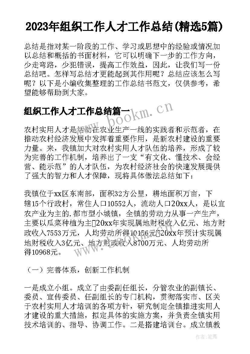 2023年组织工作人才工作总结(精选5篇)