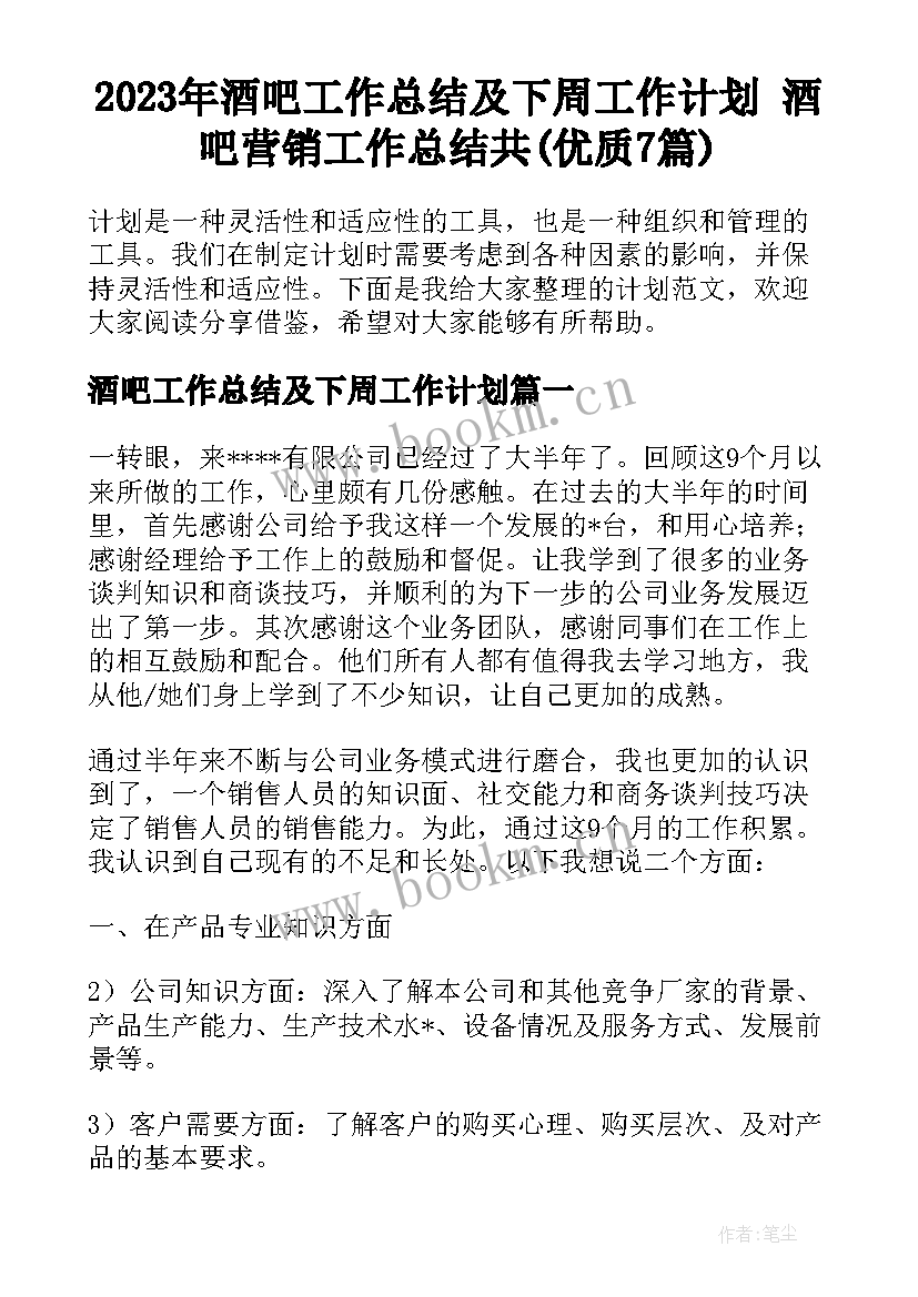 2023年酒吧工作总结及下周工作计划 酒吧营销工作总结共(优质7篇)