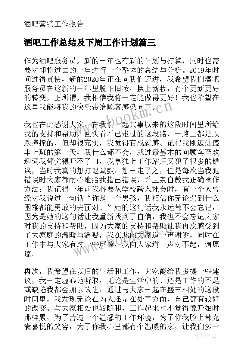 2023年酒吧工作总结及下周工作计划 酒吧营销工作总结共(优质7篇)