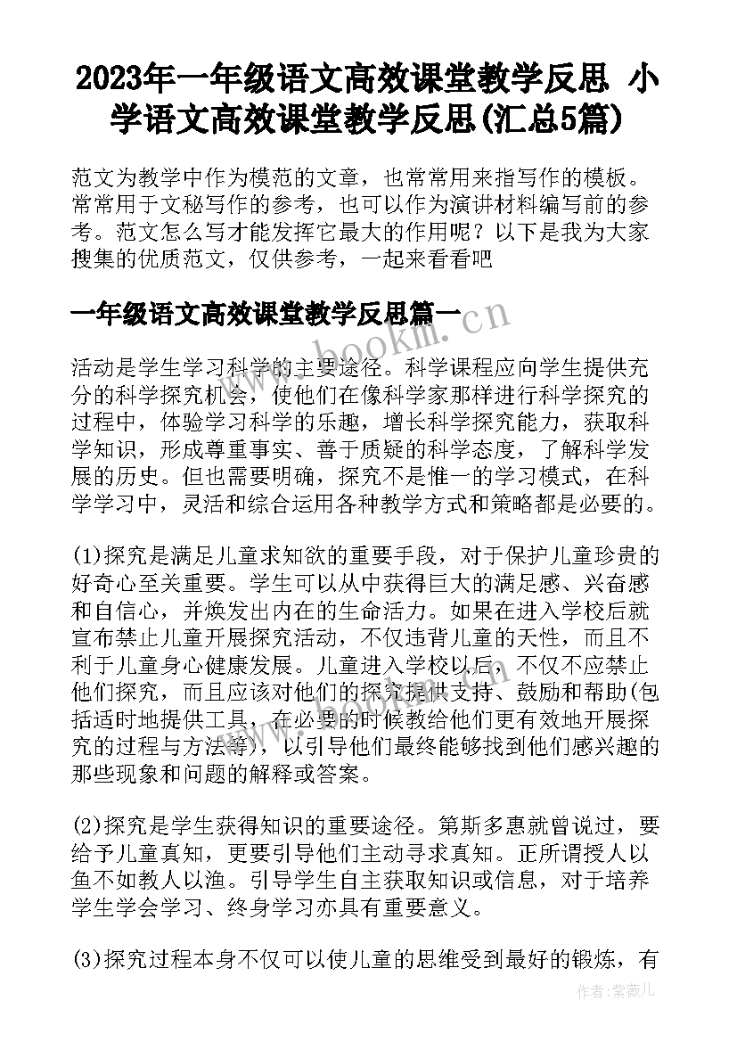 2023年一年级语文高效课堂教学反思 小学语文高效课堂教学反思(汇总5篇)