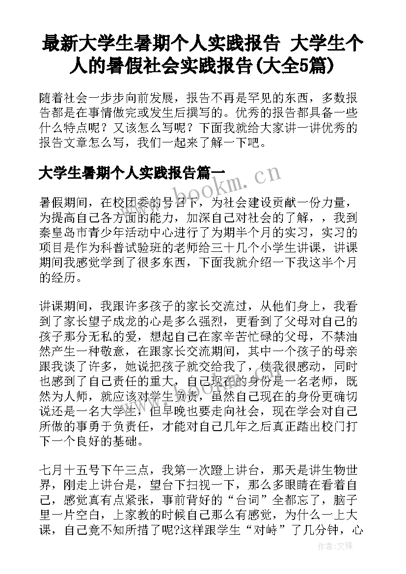 最新大学生暑期个人实践报告 大学生个人的暑假社会实践报告(大全5篇)