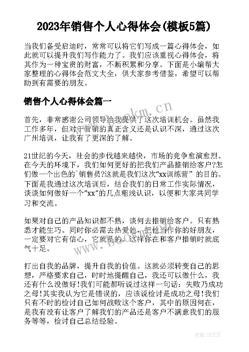 2023年销售个人心得体会(模板5篇)