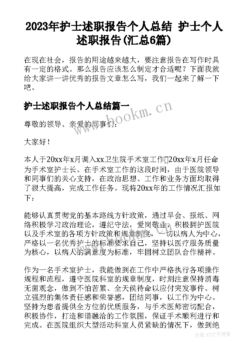 2023年护士述职报告个人总结 护士个人述职报告(汇总6篇)