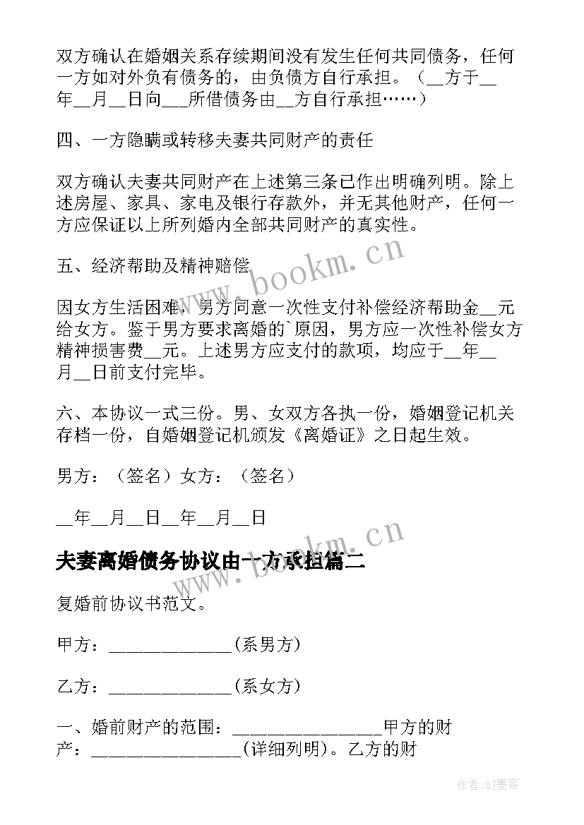 2023年夫妻离婚债务协议由一方承担(精选5篇)